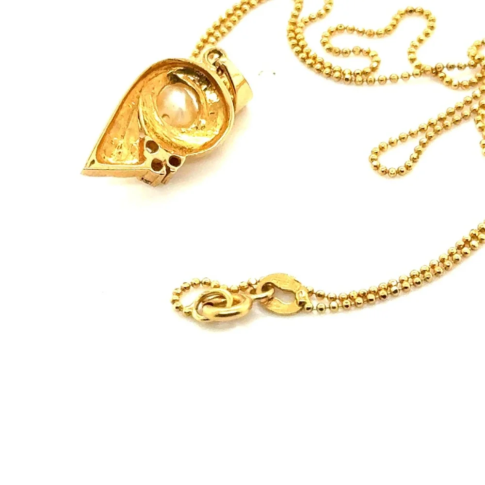 18k Yellow Gold Pearl and Diamond Swirl Pendant Necklace 17.5 Inch Chain 5g